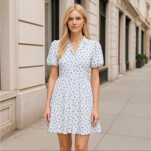 CeCe Womens Blue Floral Babydoll Puff Sleeve Dress Size S Tiered skirt Vacation - Picture 1 of 13